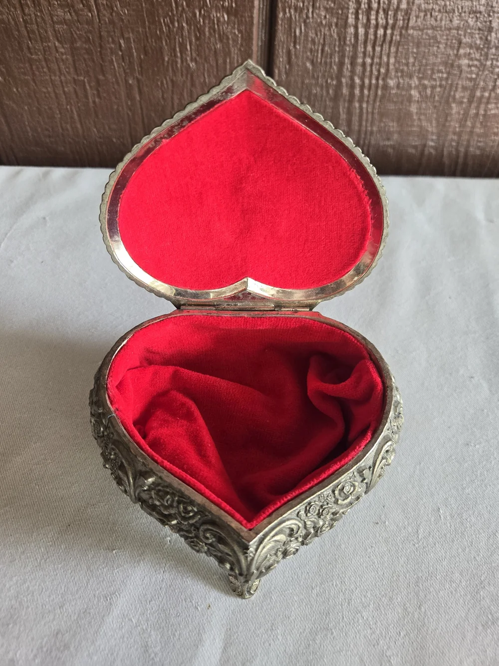 Ornate Heart-Shaped Trinket Box - Cherub and Roses with Red Lining